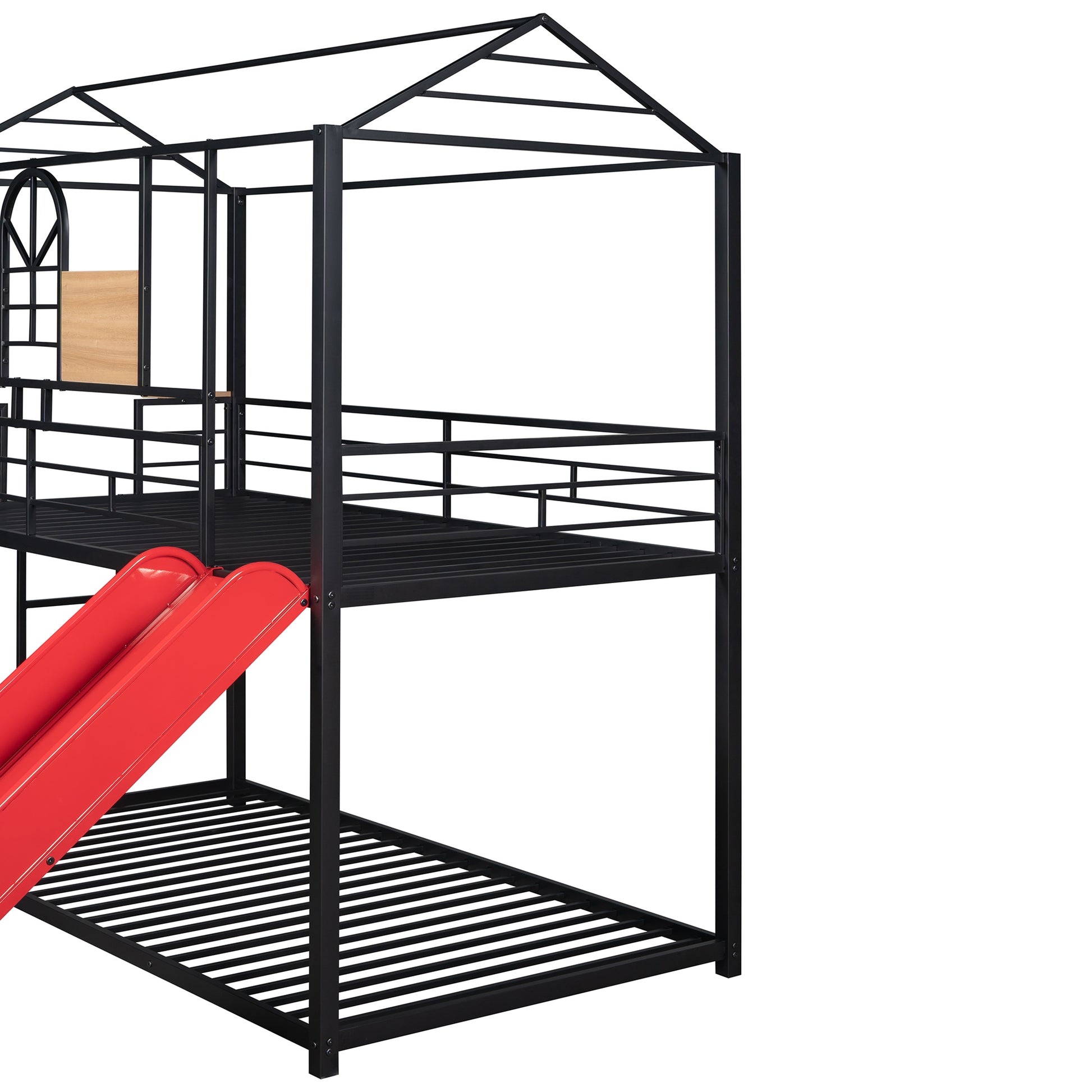 Black metal twin over twin bunk bed with house frame and red slide