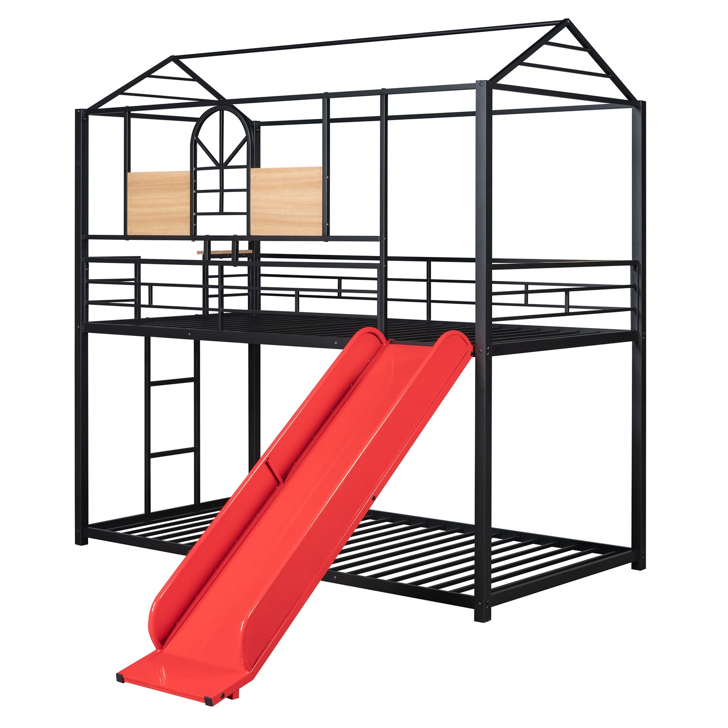 Black metal twin over twin bunk bed with a red slide and houseshaped frame perfect for kids