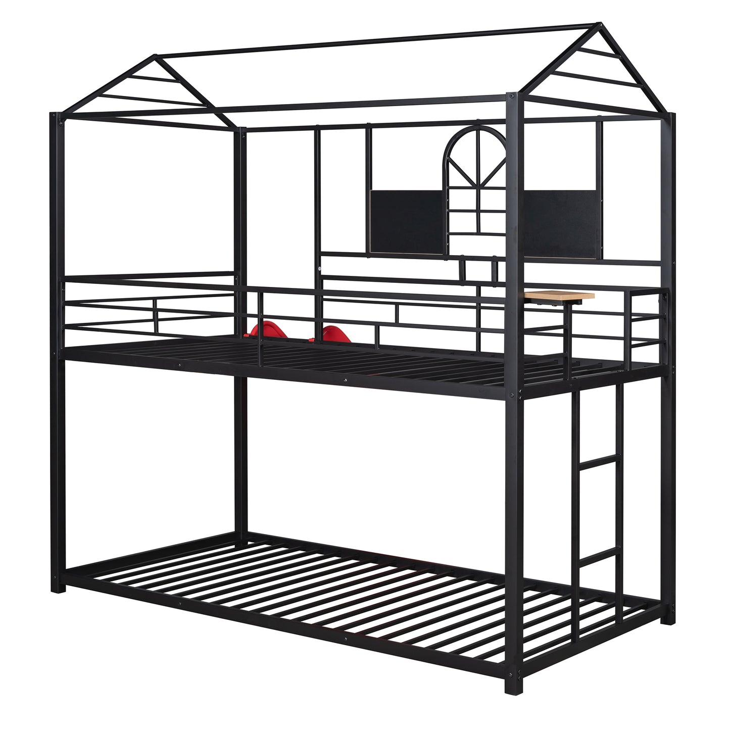 Black metal twin over twin bunk bed with houseshaped frame