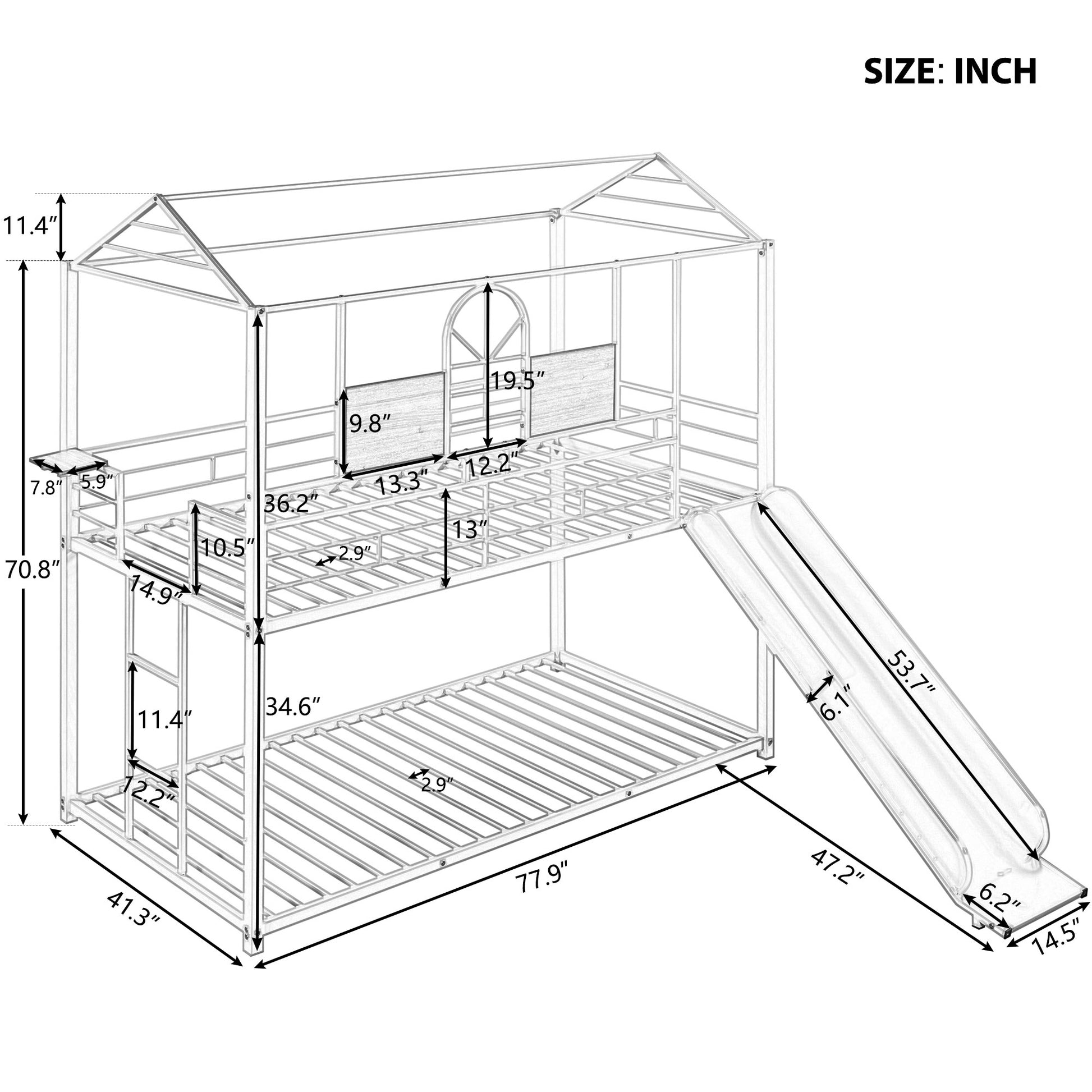 Metal twin over twin bunk bed with slide and houseshaped top frame