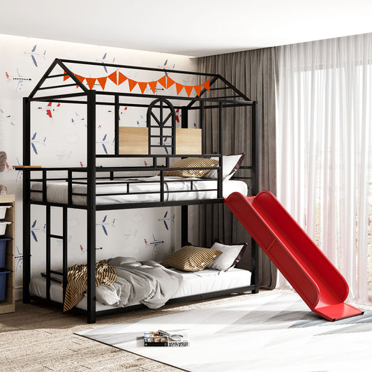 Black metal twin over twin bunk bed with red slide and airplane wallpaper