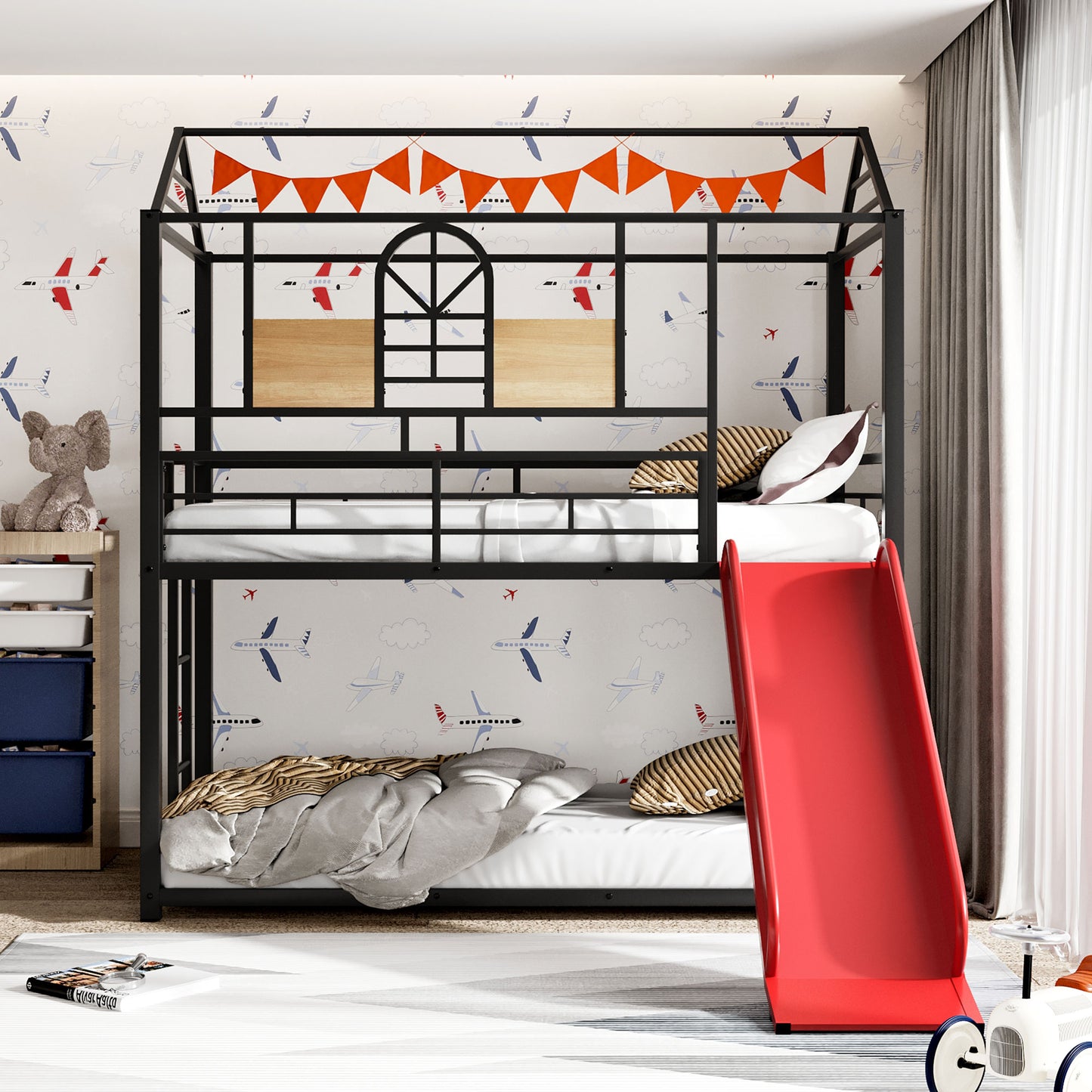 Black metal twin over twin bunk bed with red slide