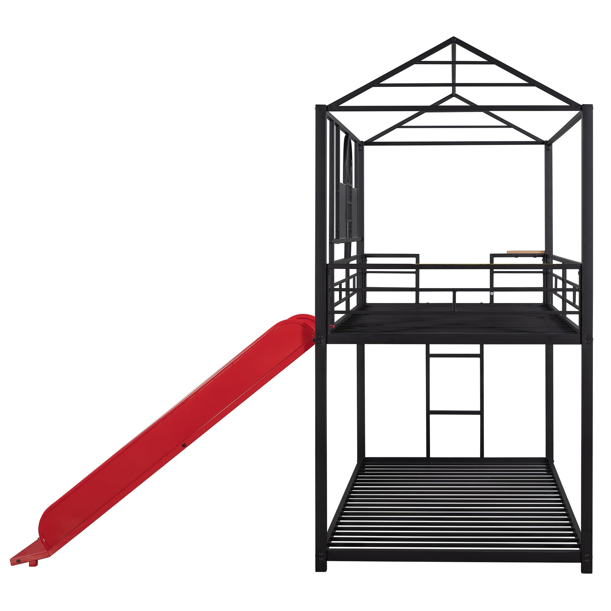 Black metal twin loft bed with red slide for kids
