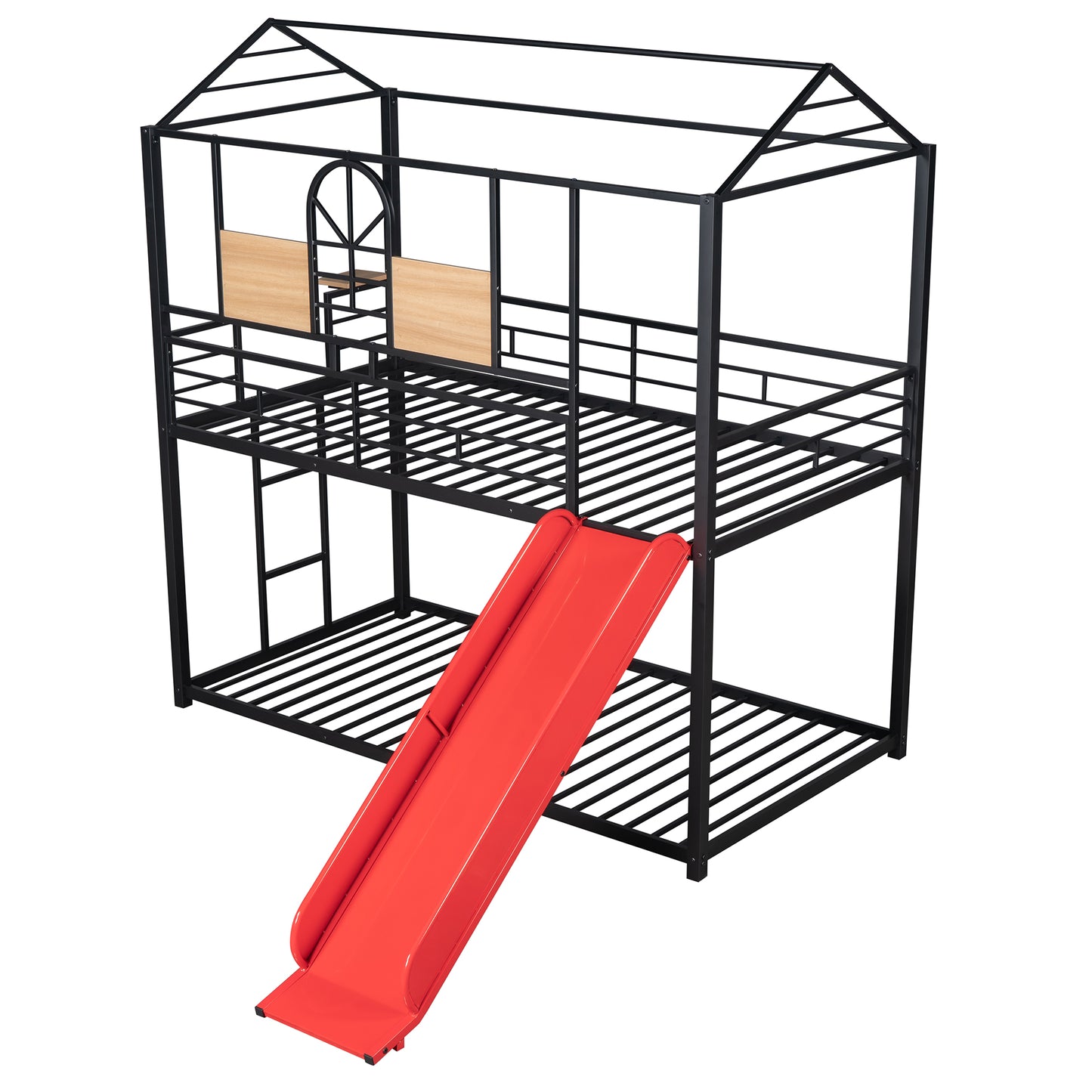 Black metal twin over twin bunk bed with house frame and red slide