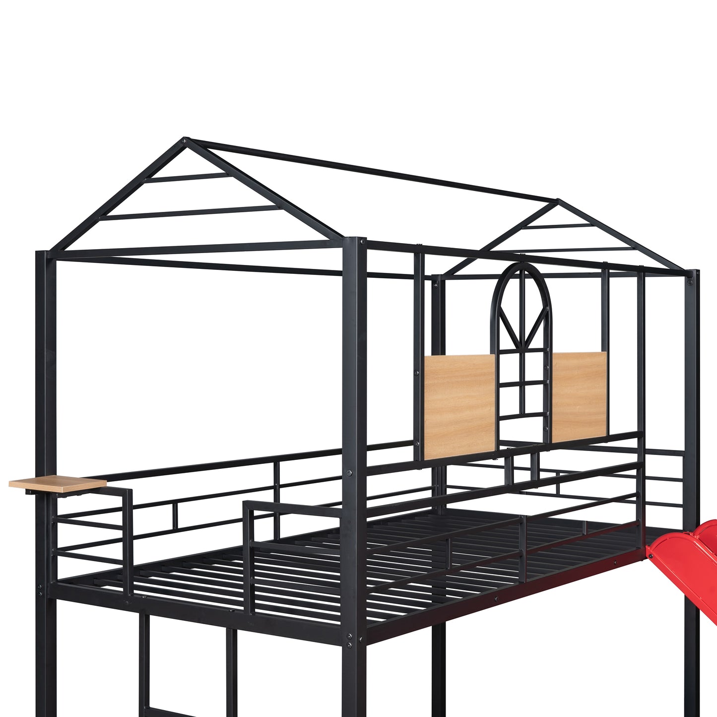 Black metal twin house bed frame with red slide