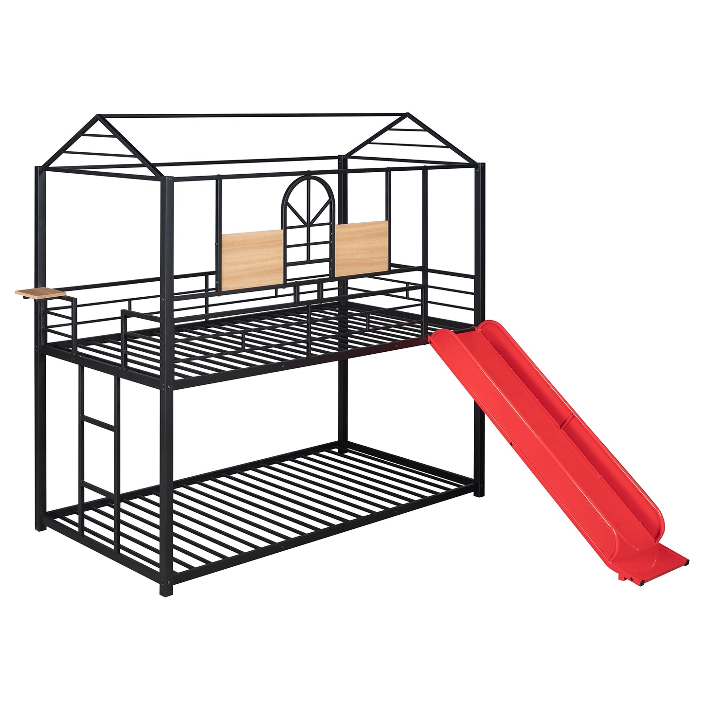 Black metal bunk bed with house frame and red slide