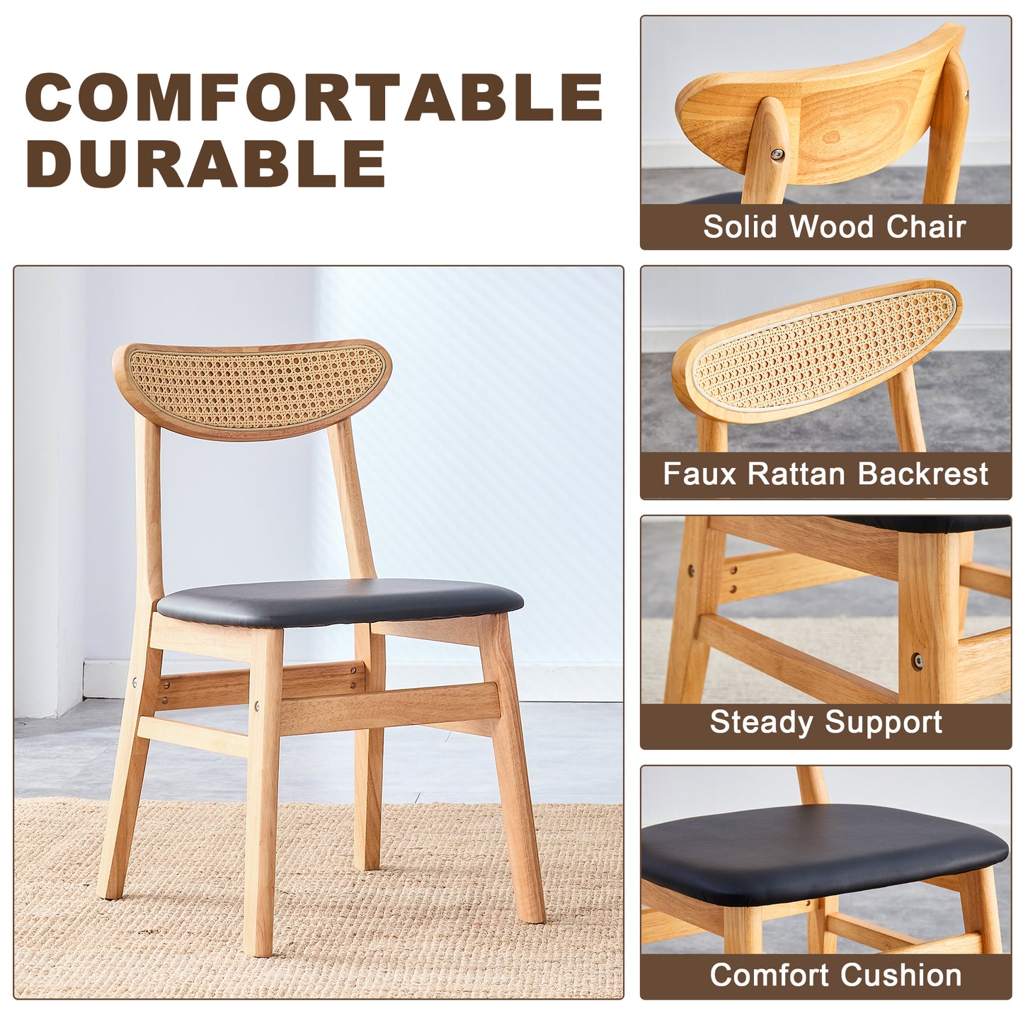 Natural wood dining chair with black faux leather seat and rattan backrest