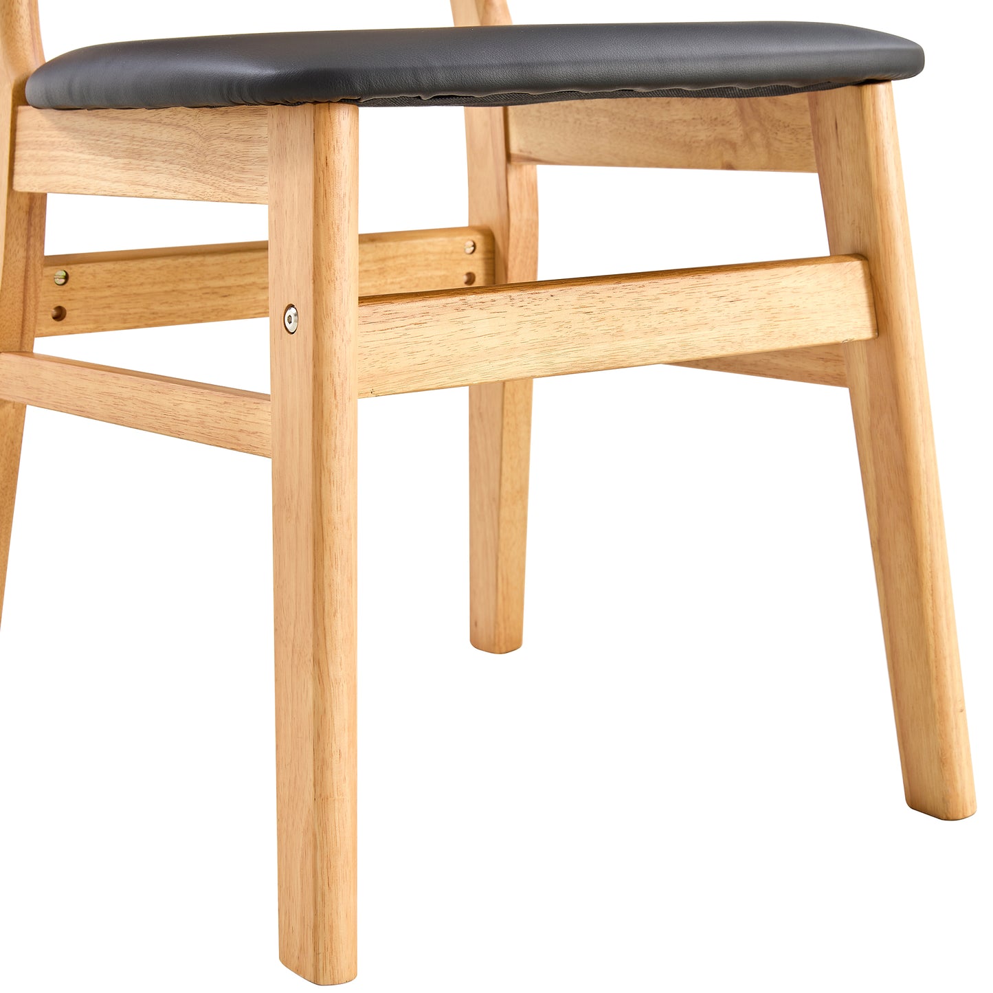 Closeup of wooden chair legs and black seat support