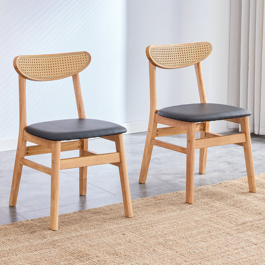 Light wood dining chair with woven back and black seat