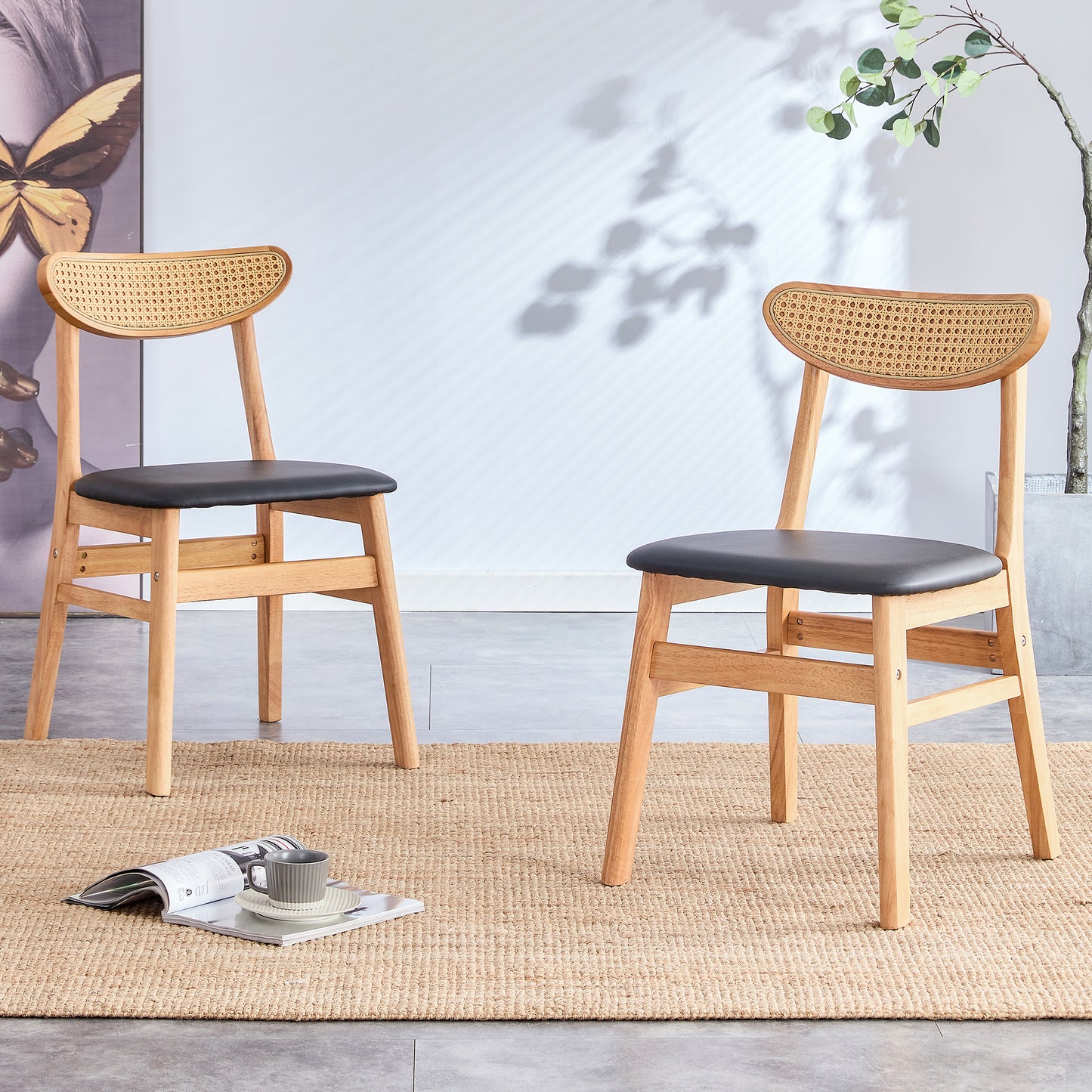 Light wood dining chair with black seat and woven back