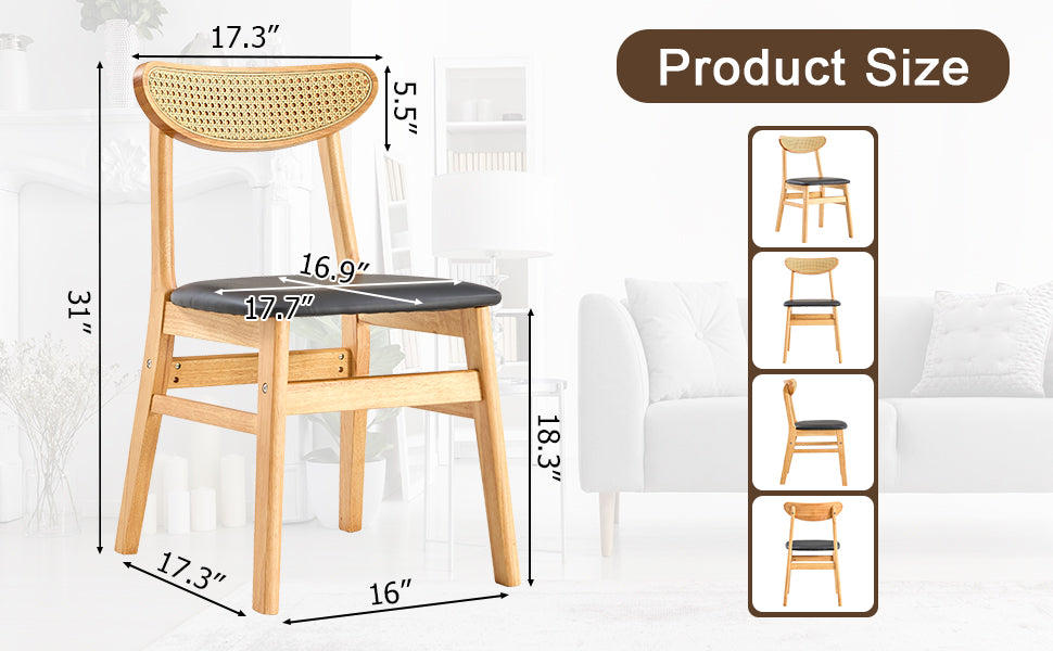 Wooden dining chair with black seat and woven back