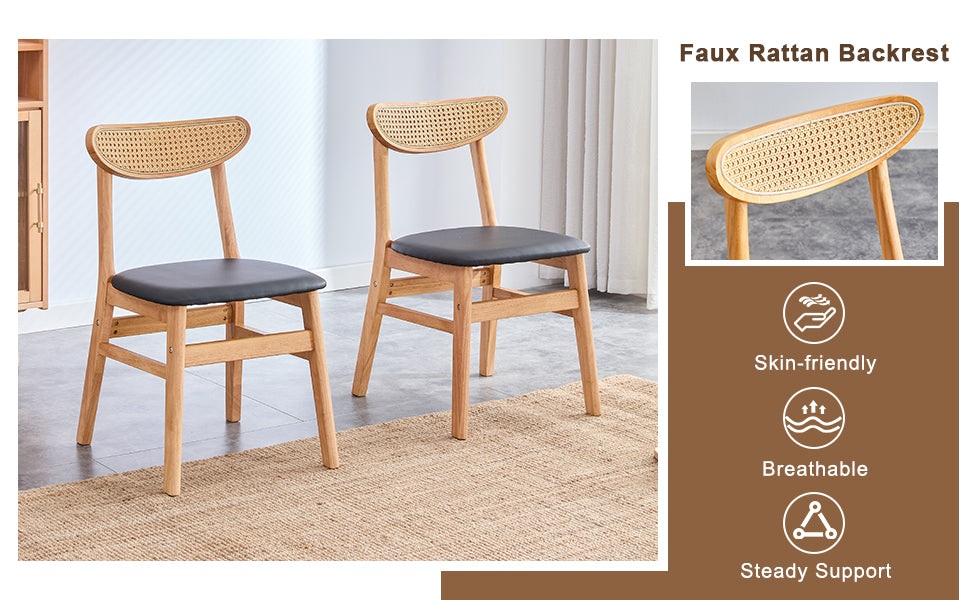 Wooden dining chair with faux rattan backrest and black seat