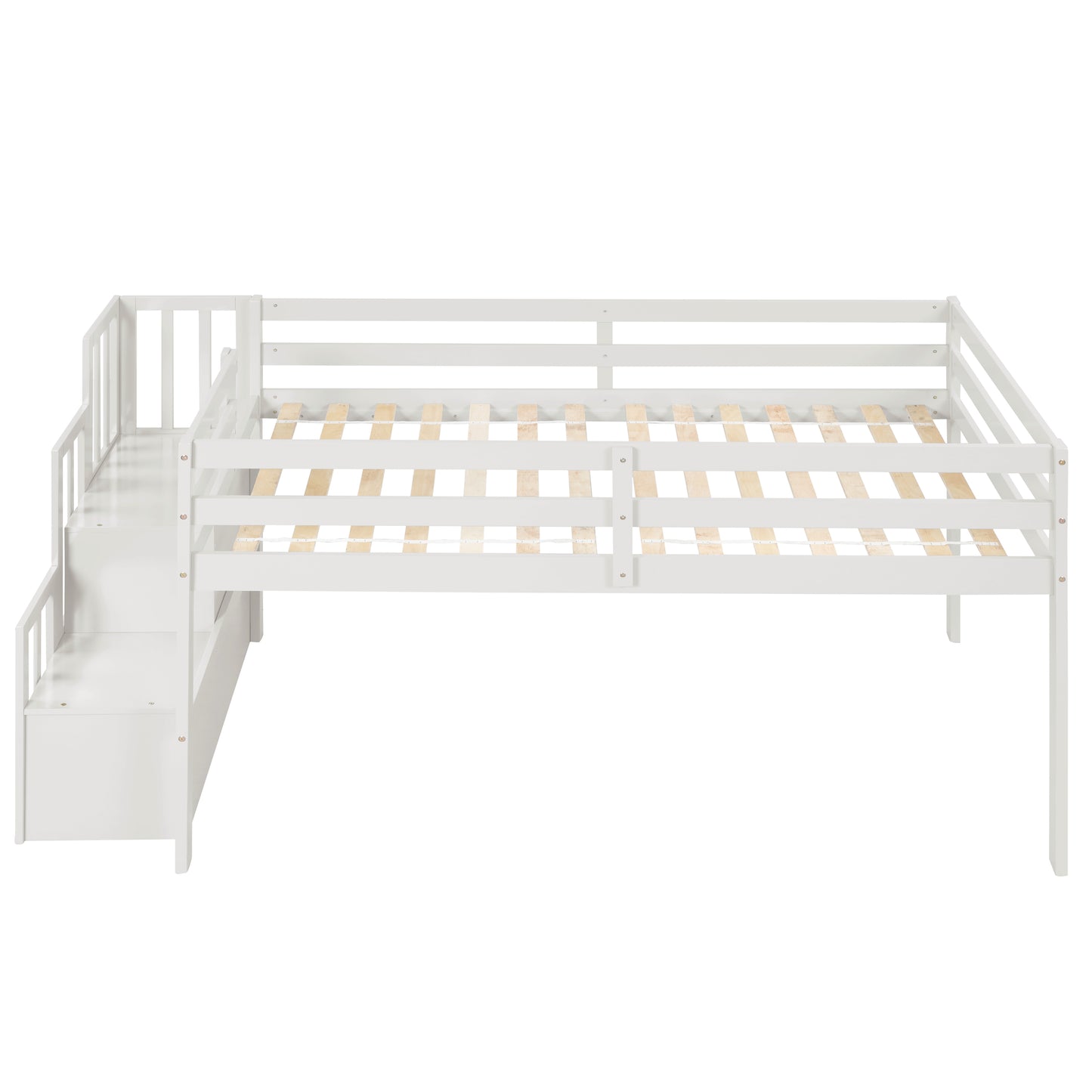 White wooden loft bed frame with attached stairs