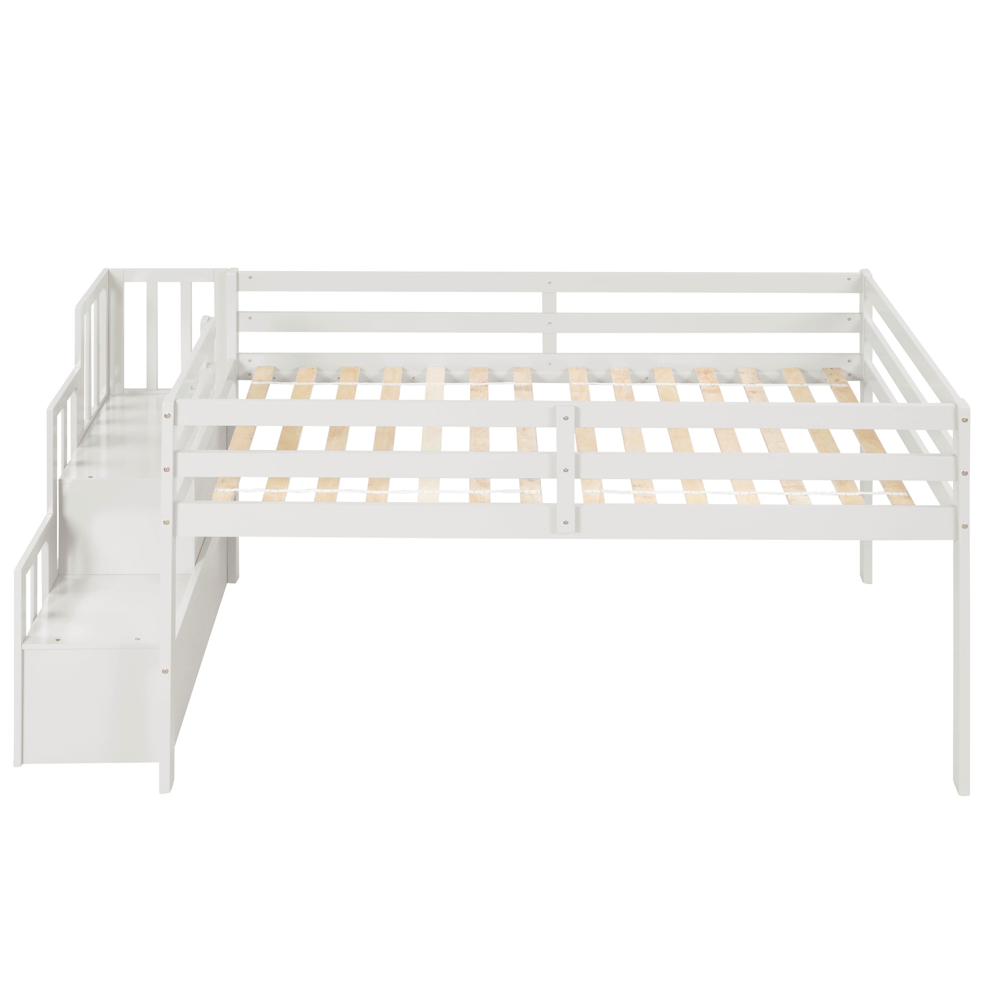 White wooden loft bed frame with attached stairs