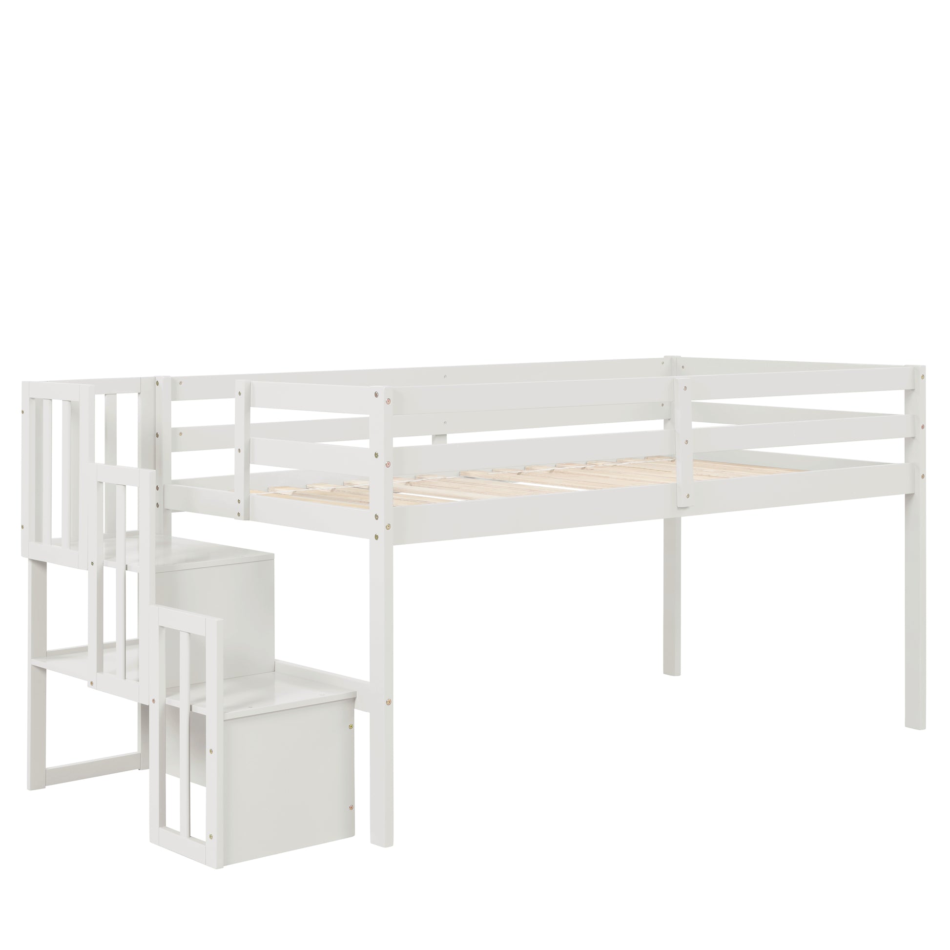 White wooden loft bed with integrated steps and storage