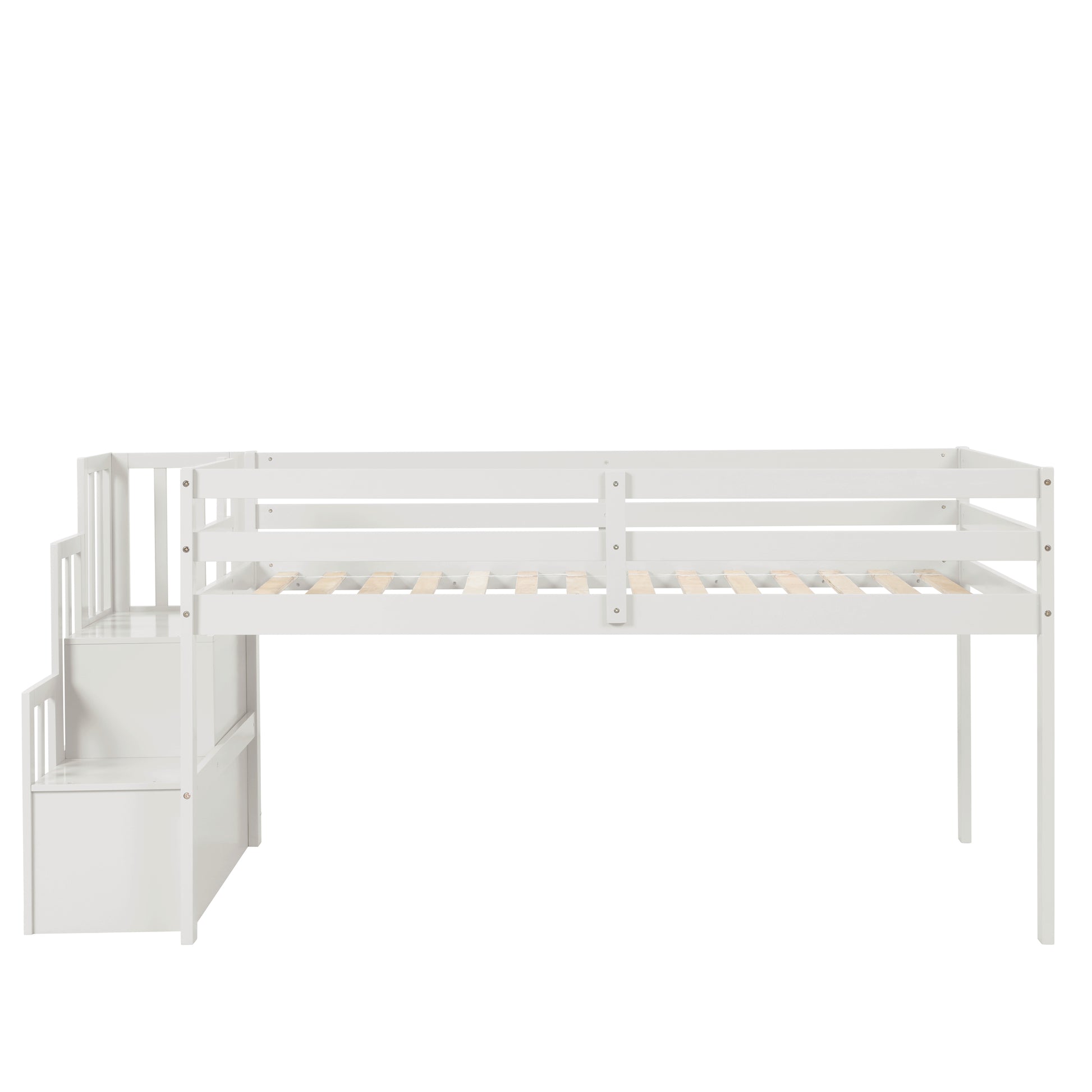 White wooden loft bed with integrated stairs and storage