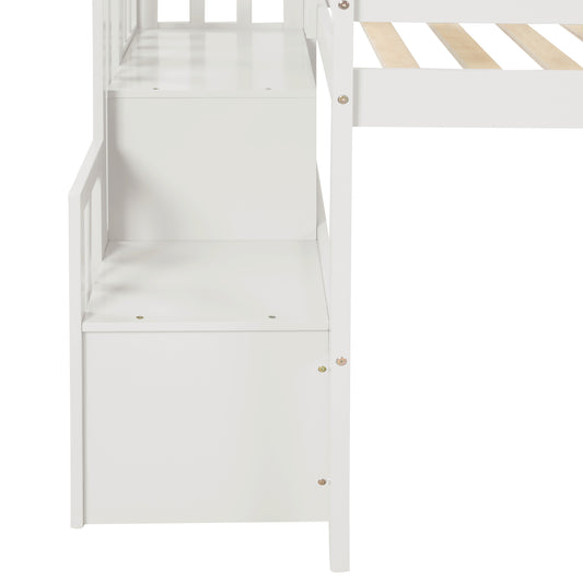 White wooden bunk bed stair unit with storage drawers