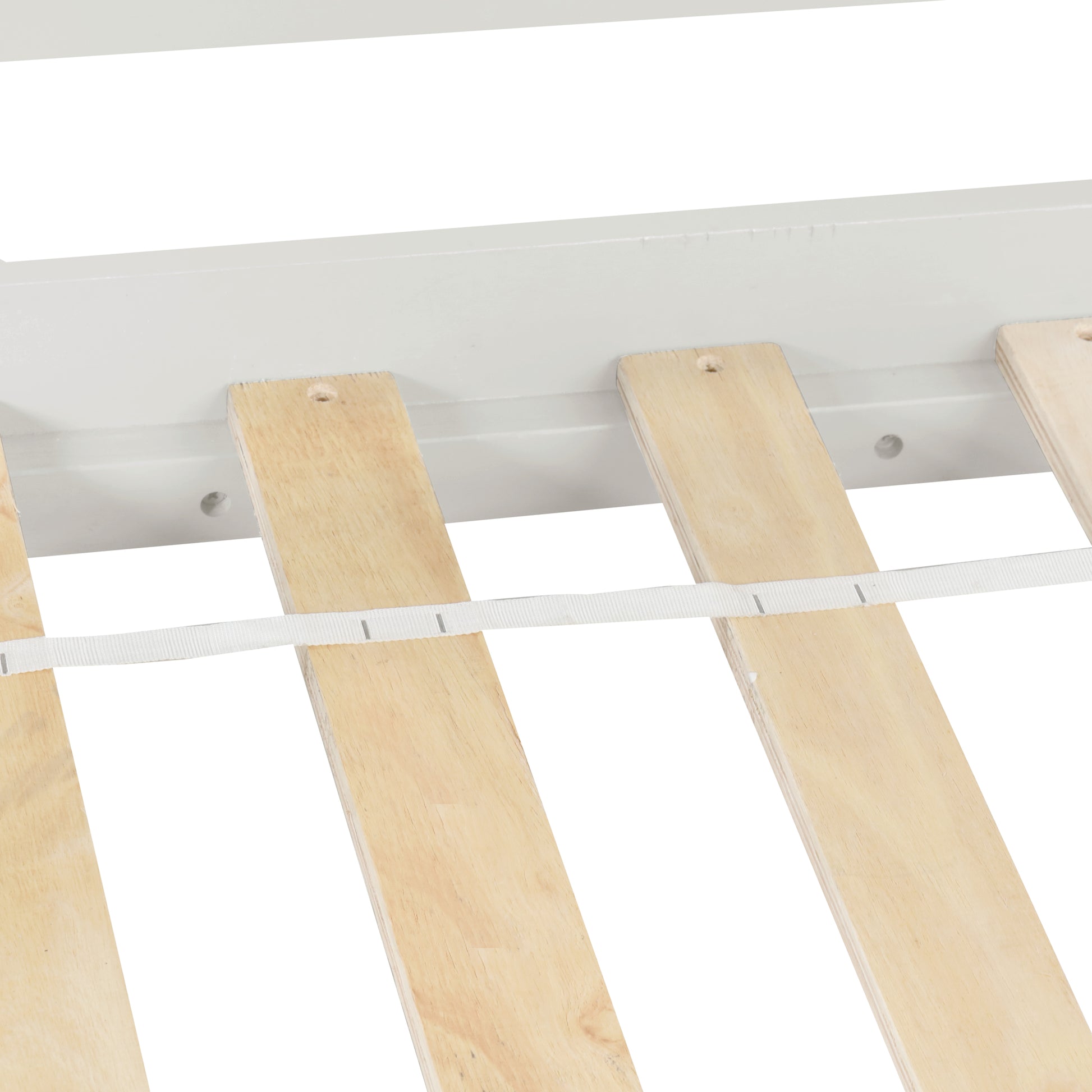 White bed frame with natural wood slats