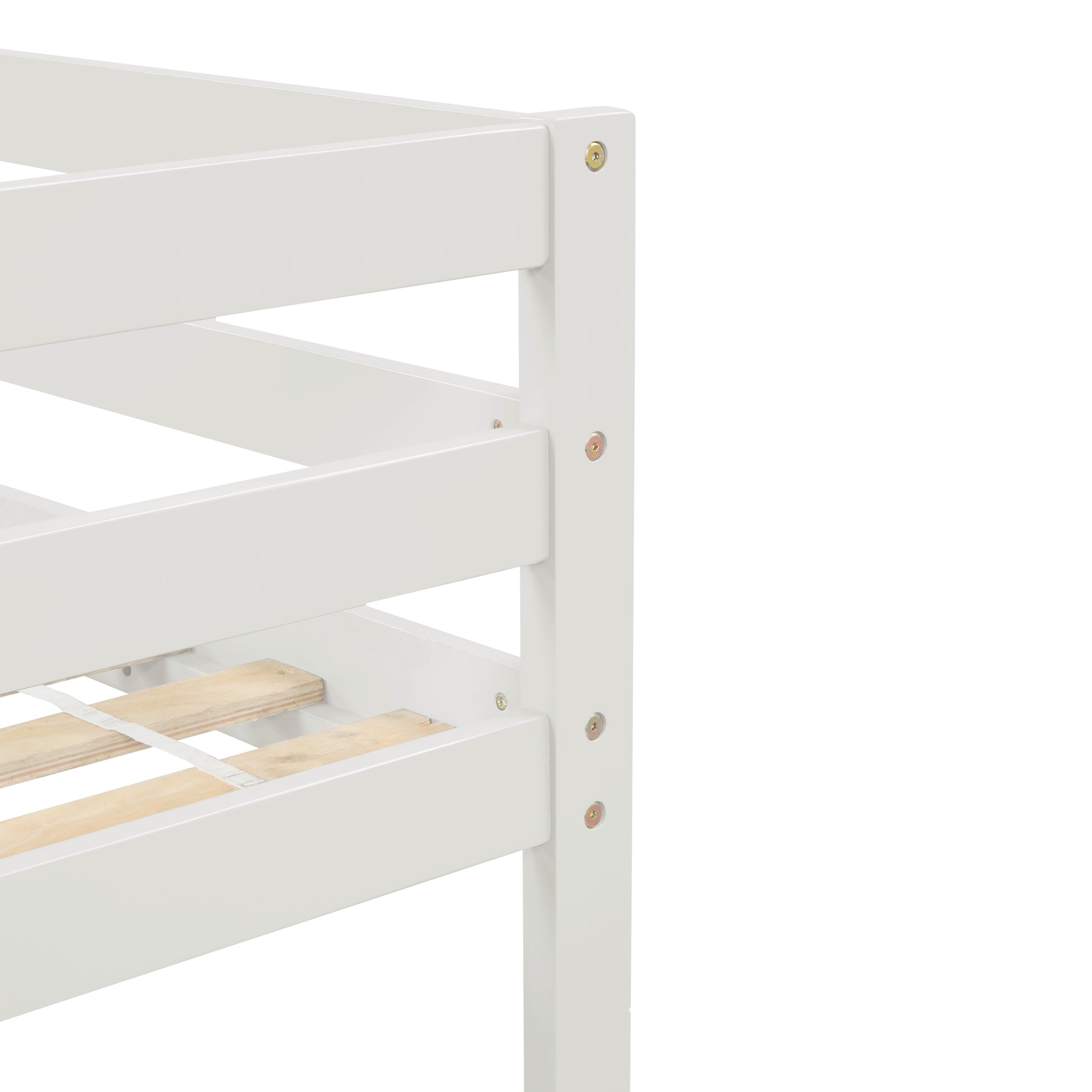 Closeup of a white wooden bunk bed frame with visible screws and slats