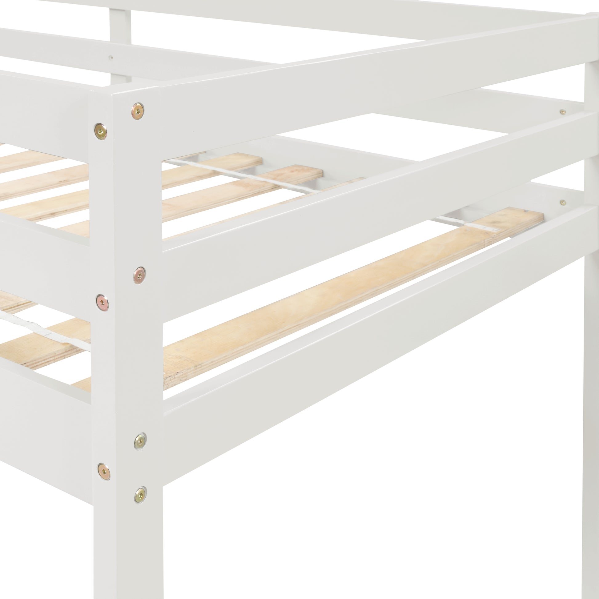 Closeup of white wooden bunk bed frame with visible screws and slats