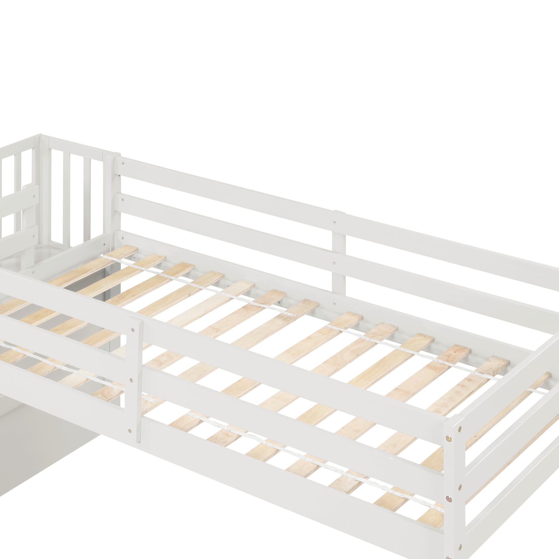 White twin loft bed frame with slatted base