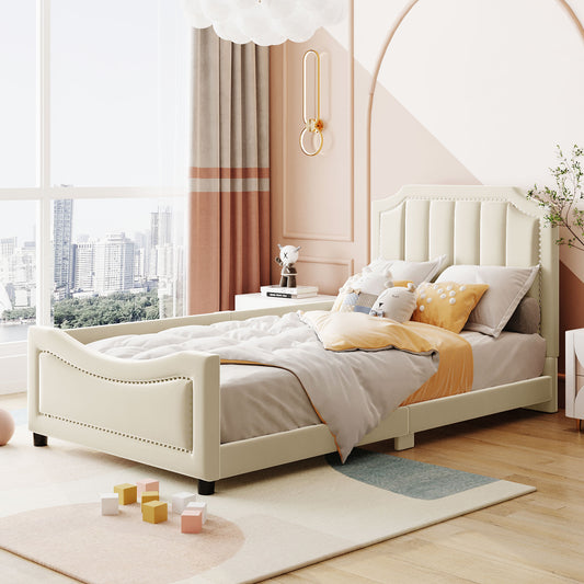 Cream velvet upholstered twin bed with tufted headboard