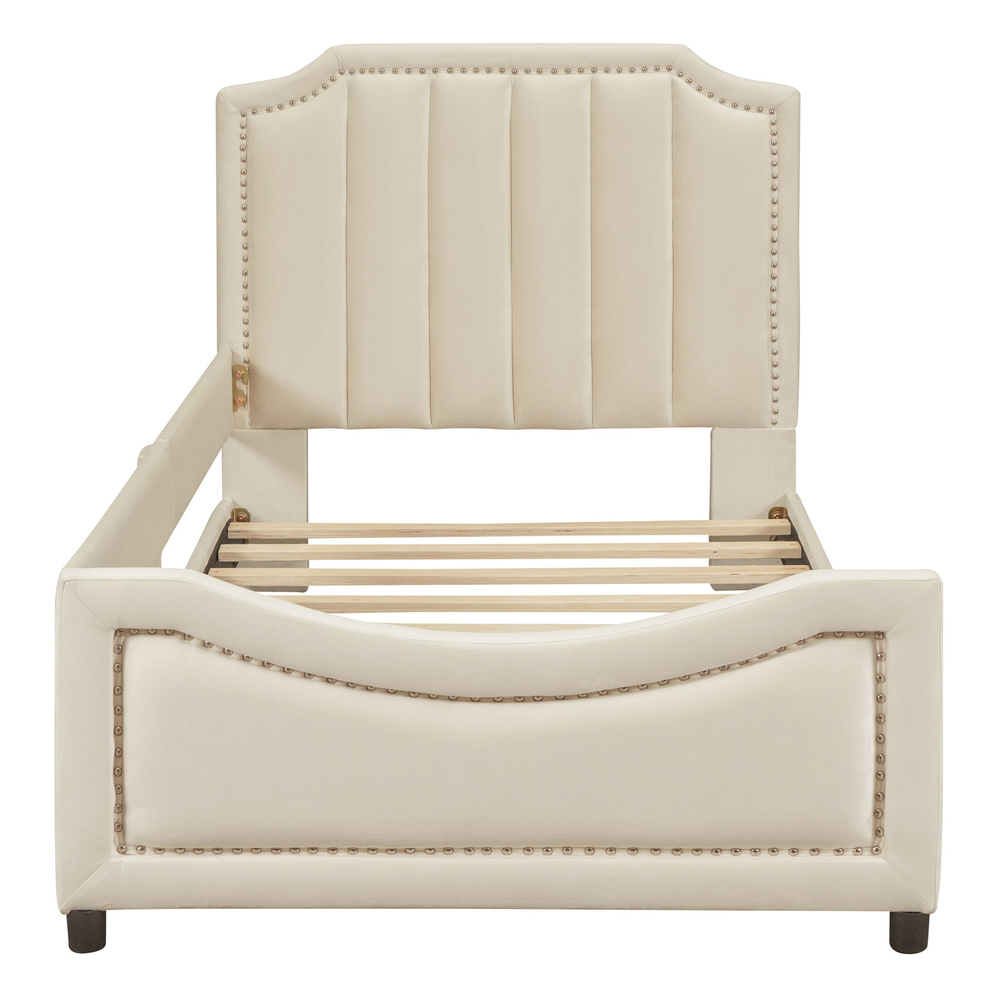 Cream velvet tufted bed frame with silver nailhead trim