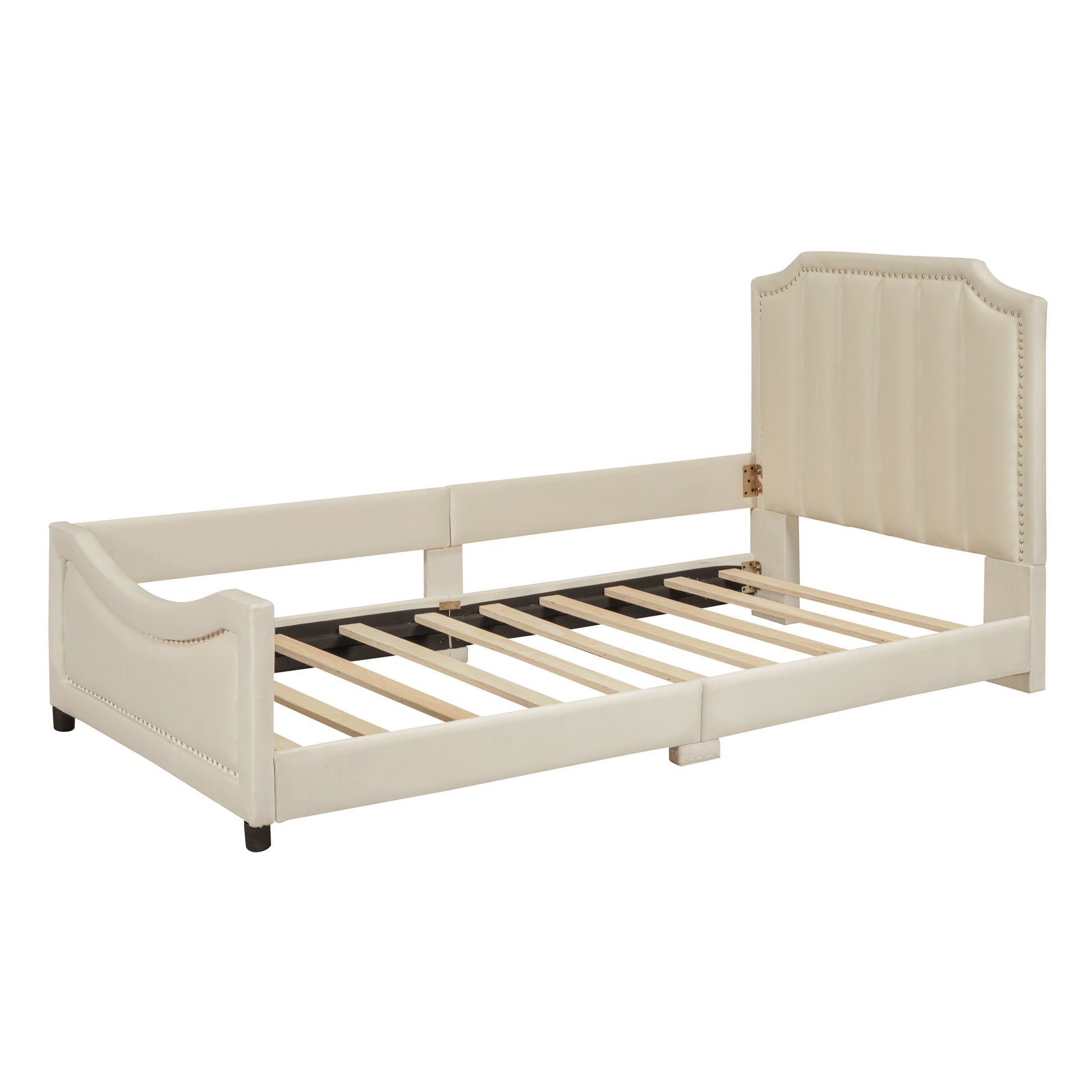 Cream upholstered daybed frame with tufted headboard and side rails perfect for a guest room or living area