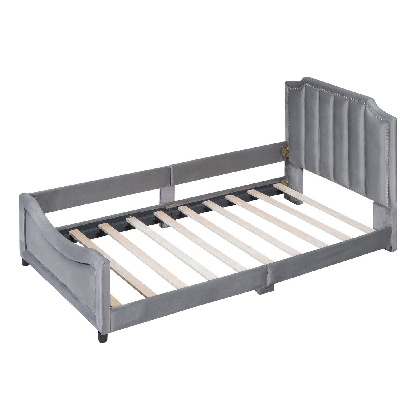 Grey velvet twin daybed with tufted headboard and wood slats