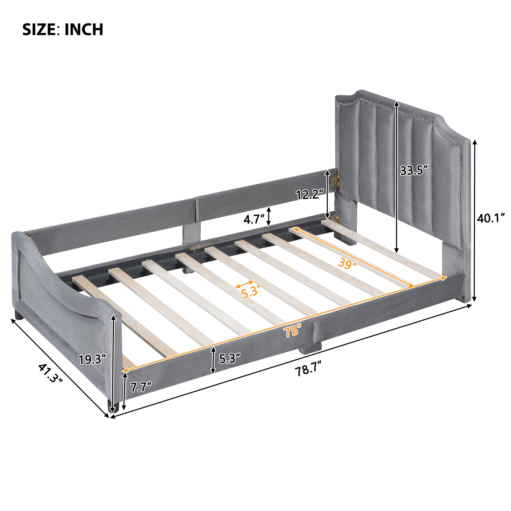 Gray velvet daybed frame with studded headboard and wooden slats