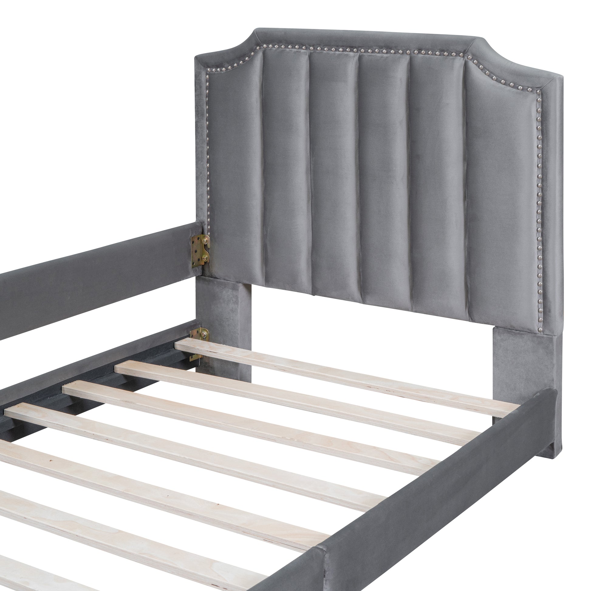 Gray velvet upholstered bed frame headboard with button tufting and nailhead trim