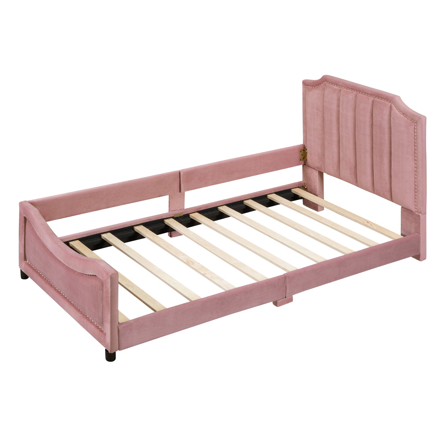 Pink velvet daybed frame with button tufting and nailhead trim