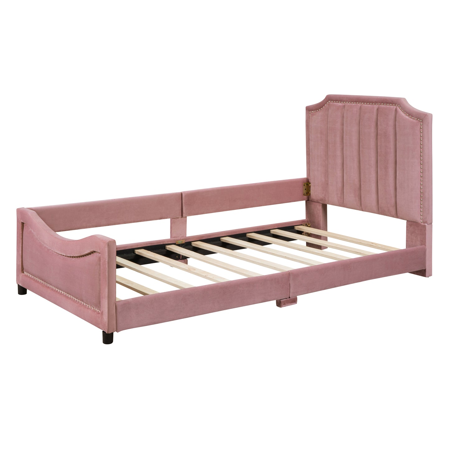 Pink velvet twin bed frame with channeled headboard and studded trim