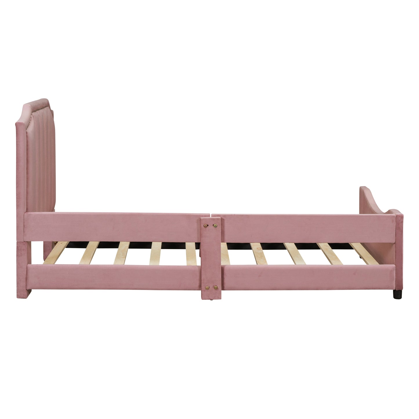 Pink velvet upholstered twin bed frame with tufted headboard and slatted base