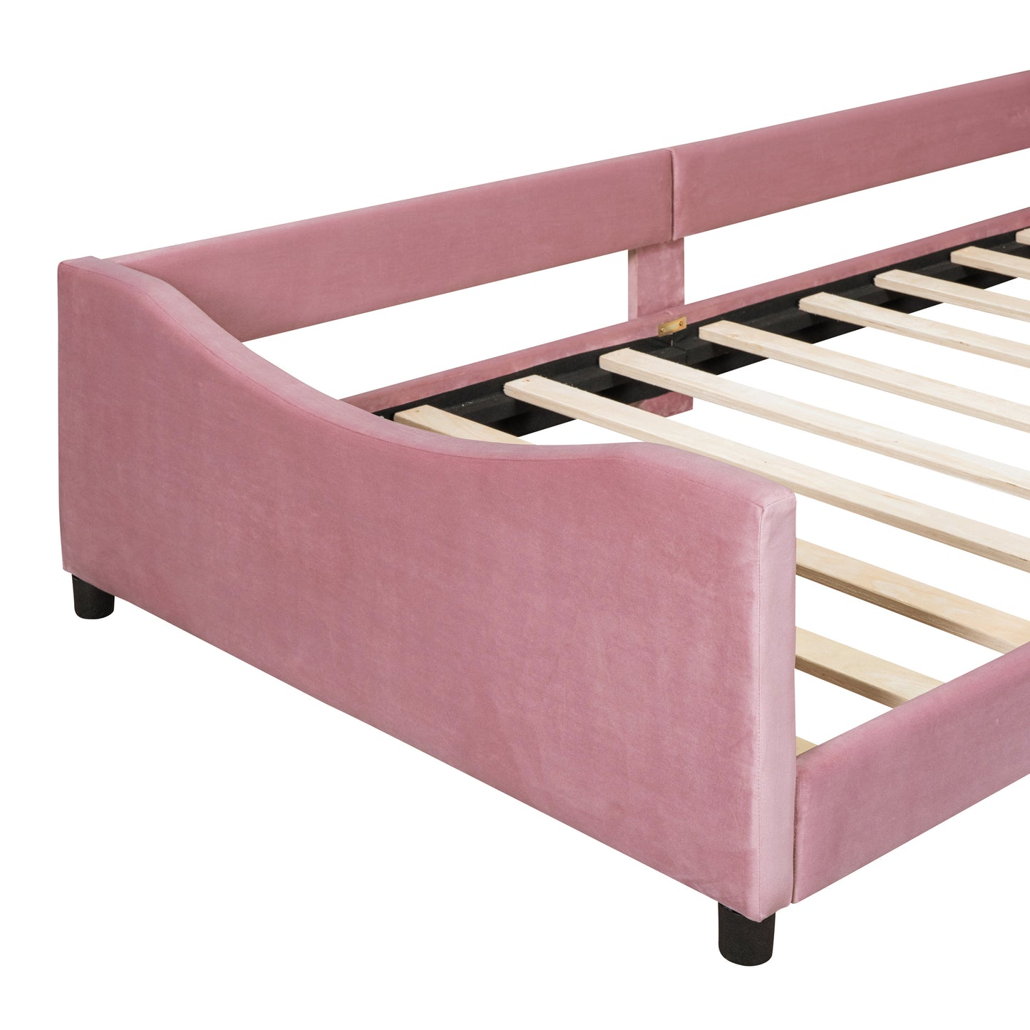 Dusty rose velvet daybed frame with curved arms and wooden slats