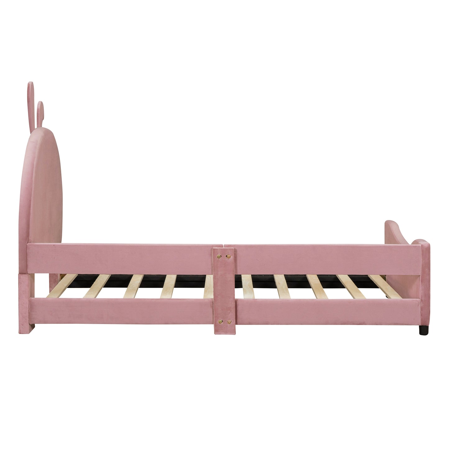Pink velvet twin bed frame with decorative bunny ears headboard