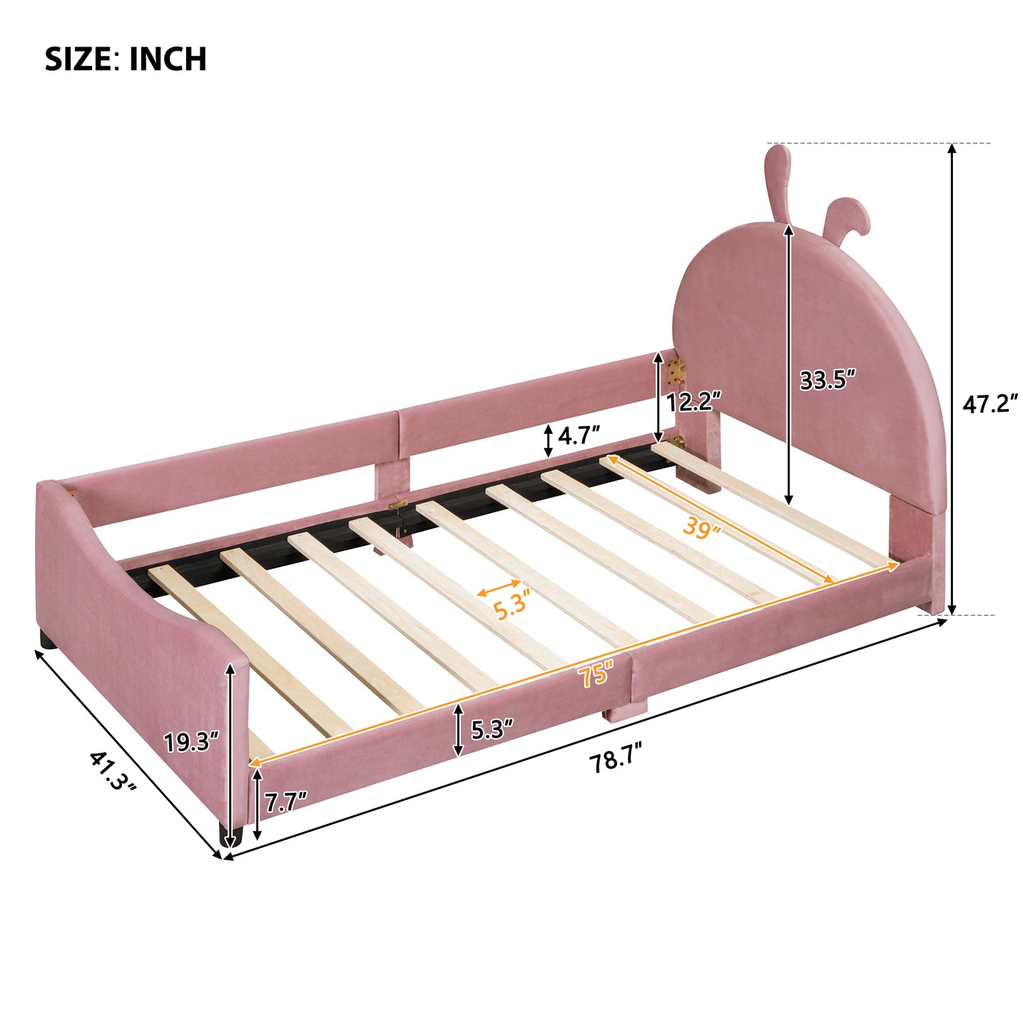 Pink velvet upholstered twin bed with rabbit ears headboard and dimension labels