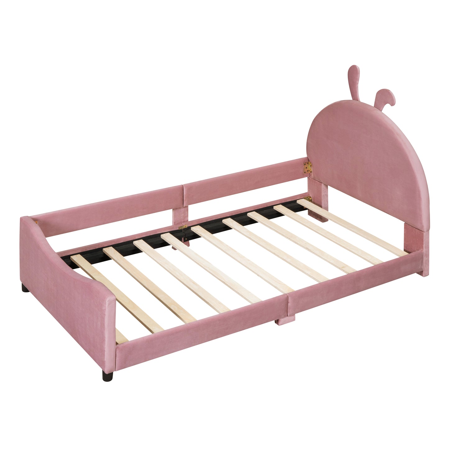 Pink velvet twin bed frame with whimsical bunny ears headboard for childrens bedroom