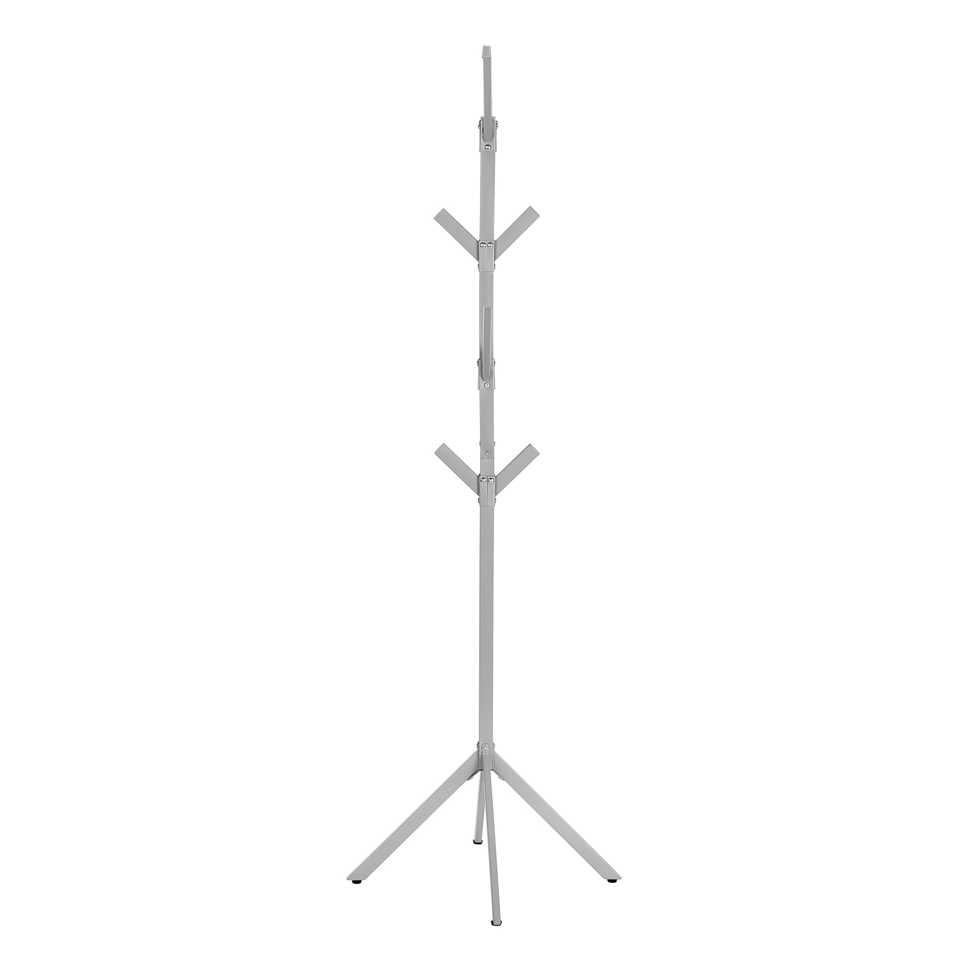 Silver metal coat rack with tripod base and tiered hooks