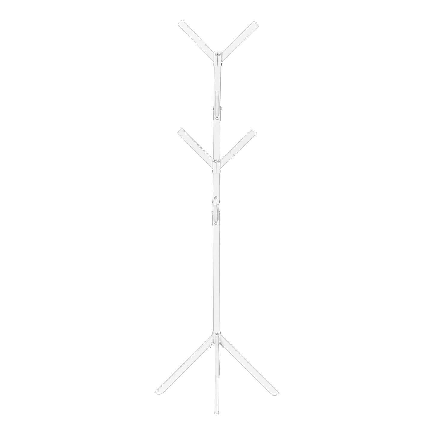White metal tripod coat rack with Vshaped arms for hanging jackets