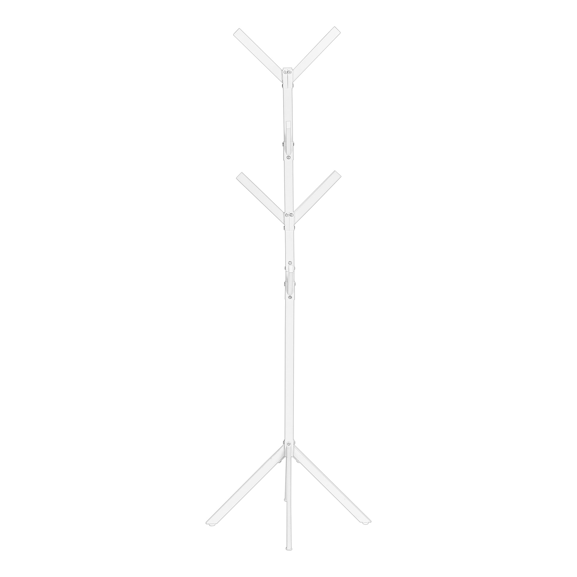 Minimalist white metal coat rack with tripod base