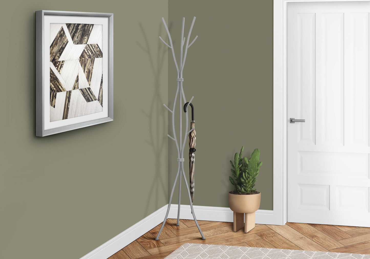 Modern grey metal coat rack with umbrella