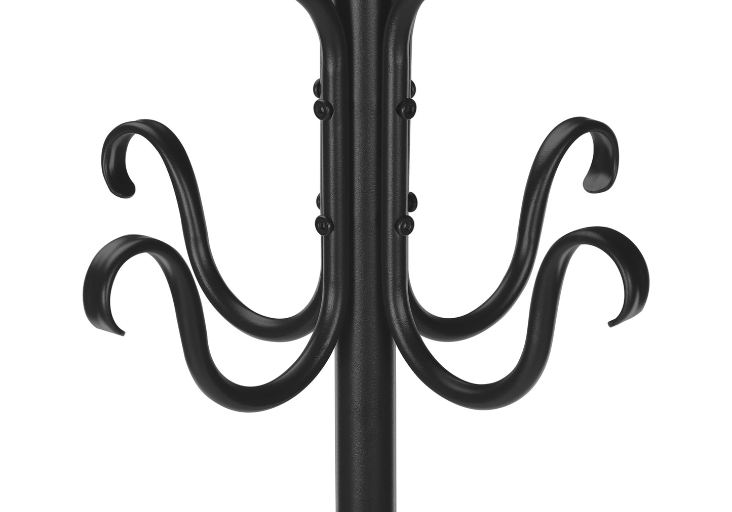 Black metal coat rack with ornate scroll hooks