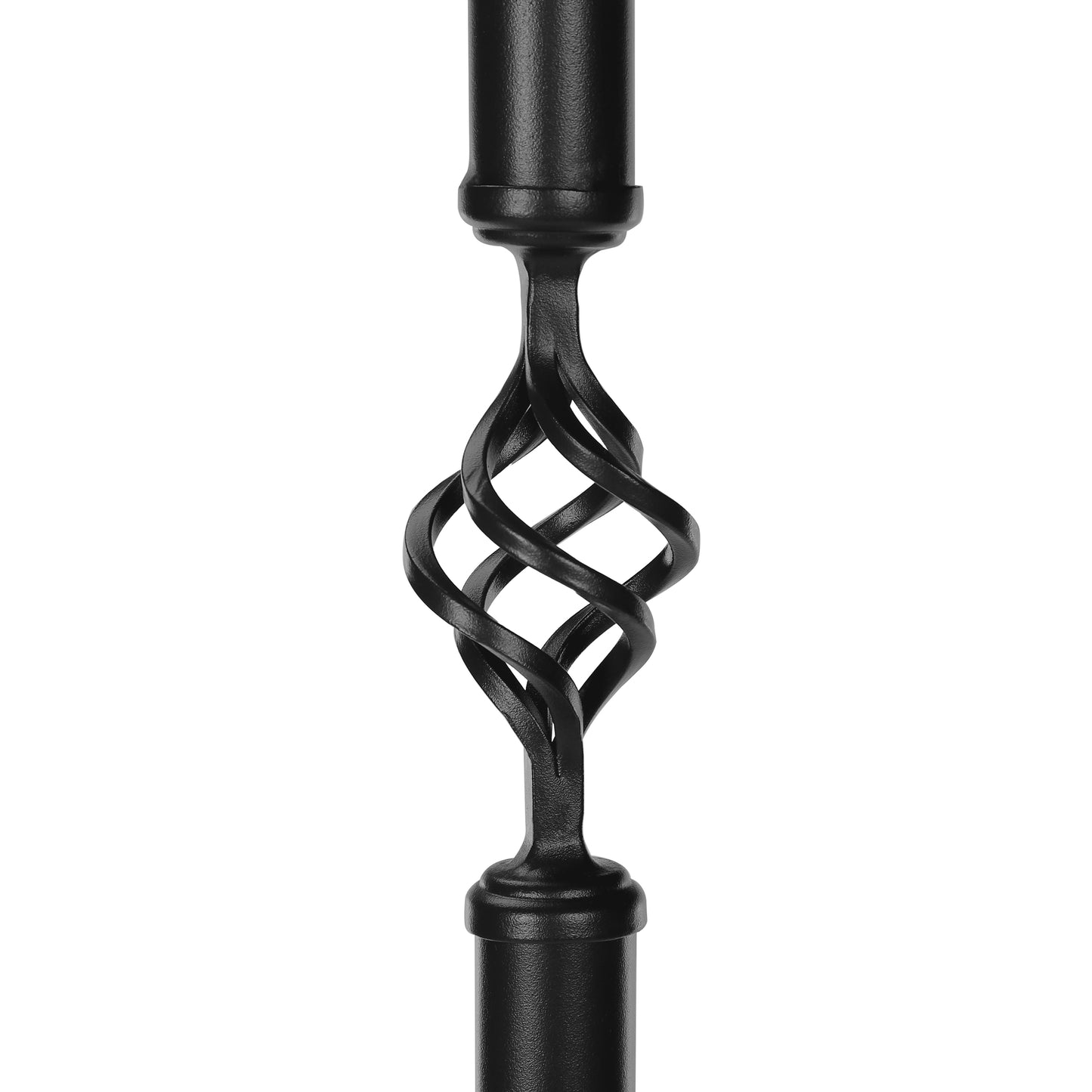 Black metal baluster with a twisted cage design