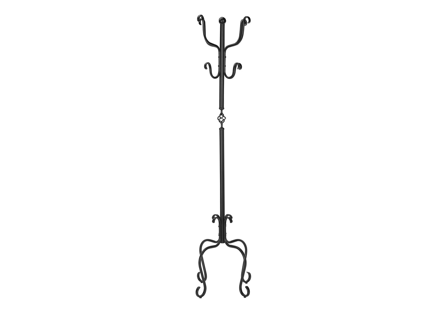Black wrought iron coat rack with ornate scrollwork base and multiple hooks