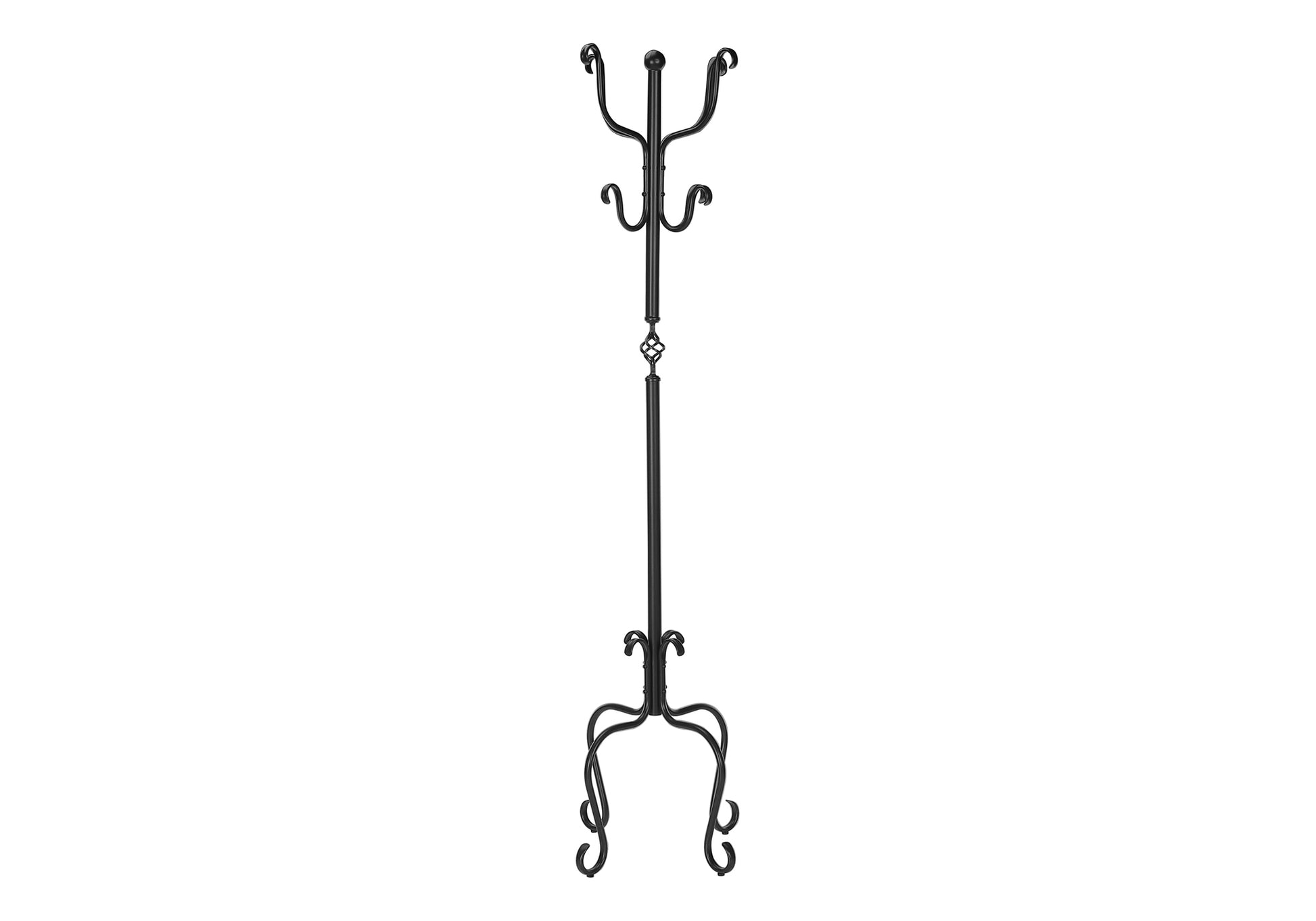 Black wrought iron coat rack with ornate scrollwork base and multiple hooks