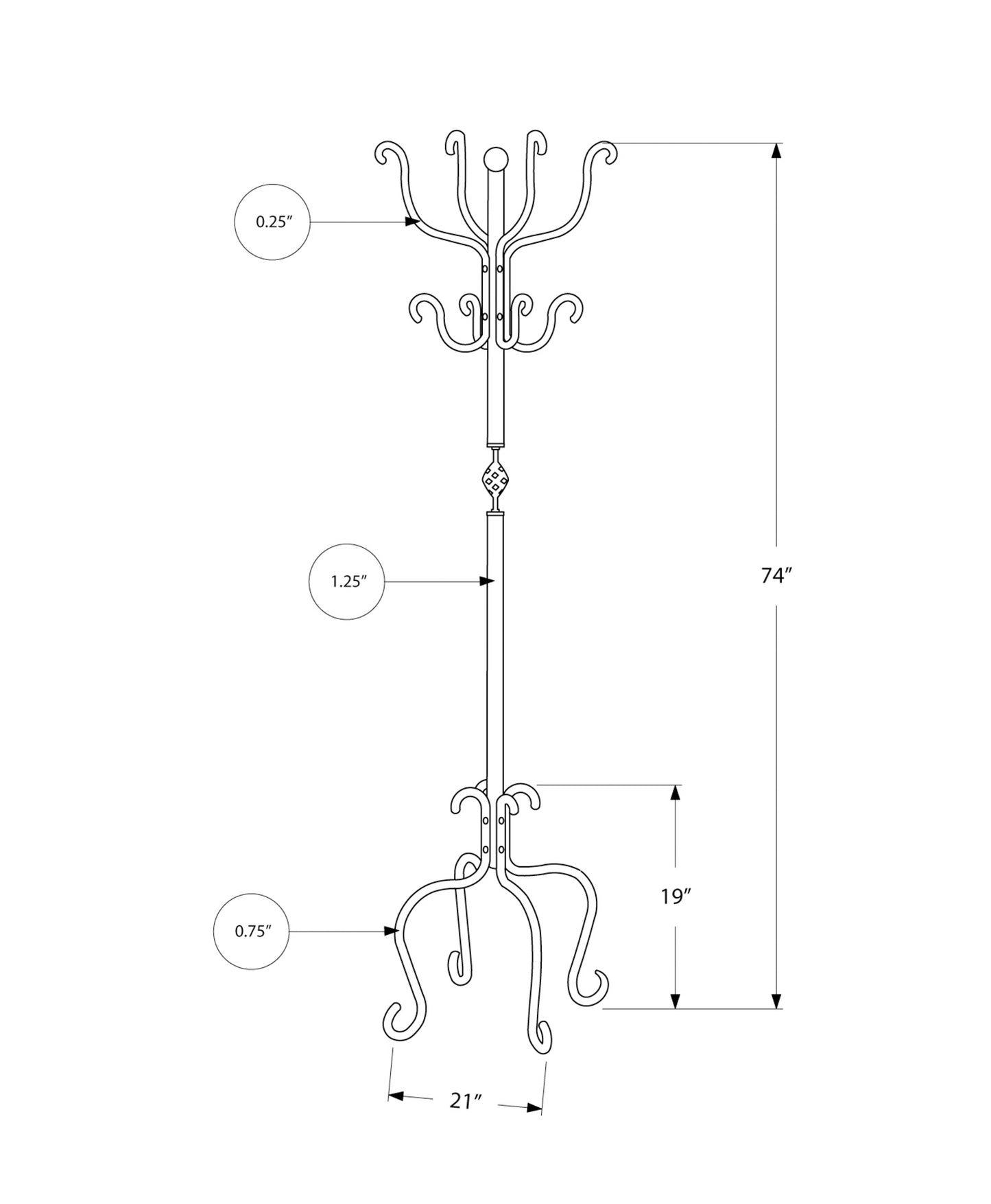 Black wrought iron coat rack with ornate hooks and a twisted central accent