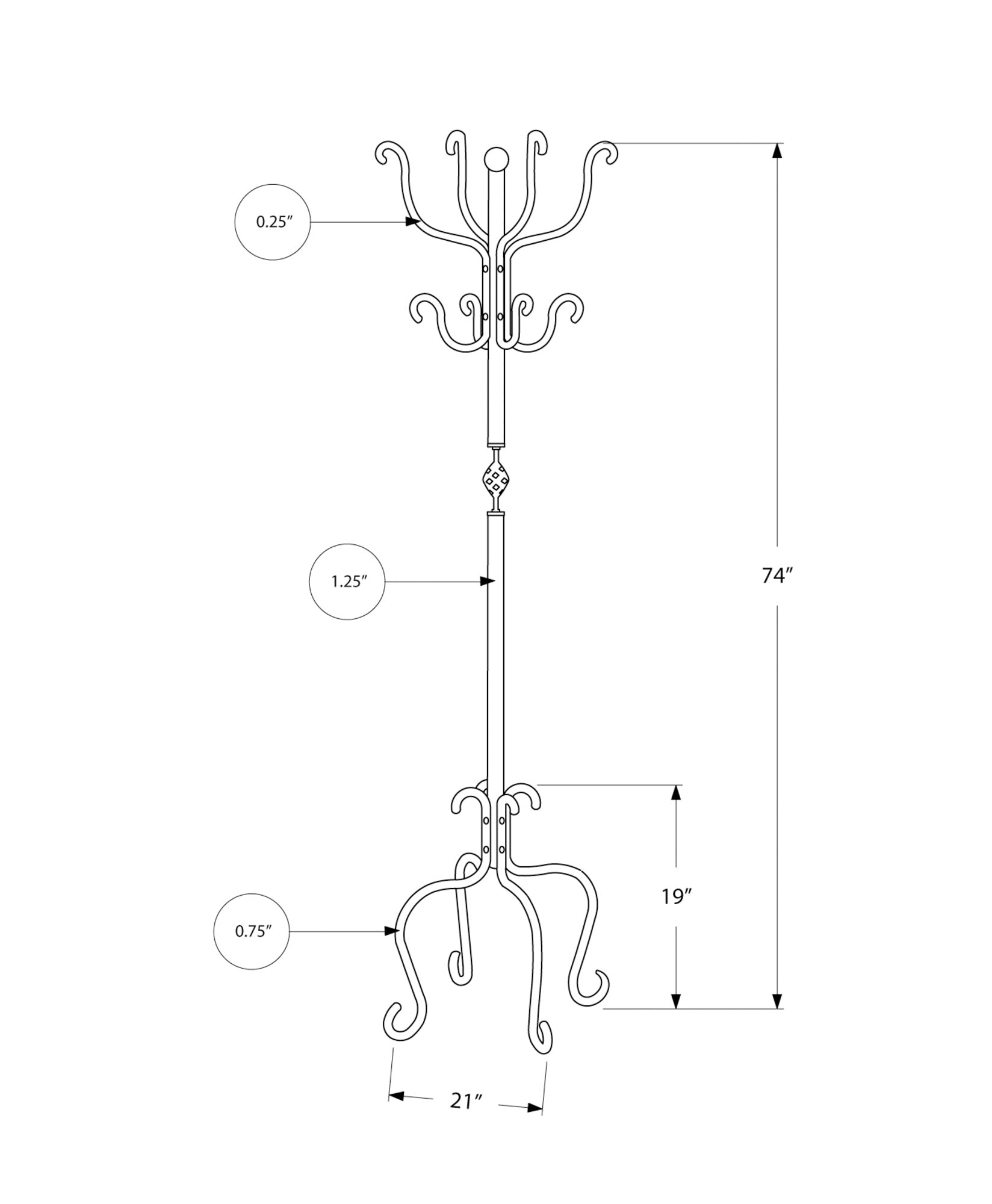 Black wrought iron coat rack with ornate hooks and a twisted central accent