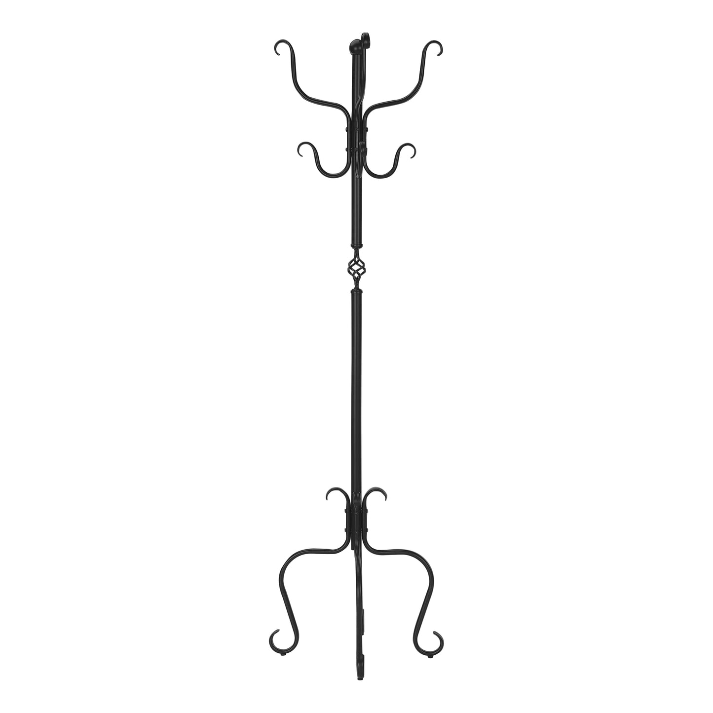 Black metal coat rack with ornate scrollwork base and  hooks