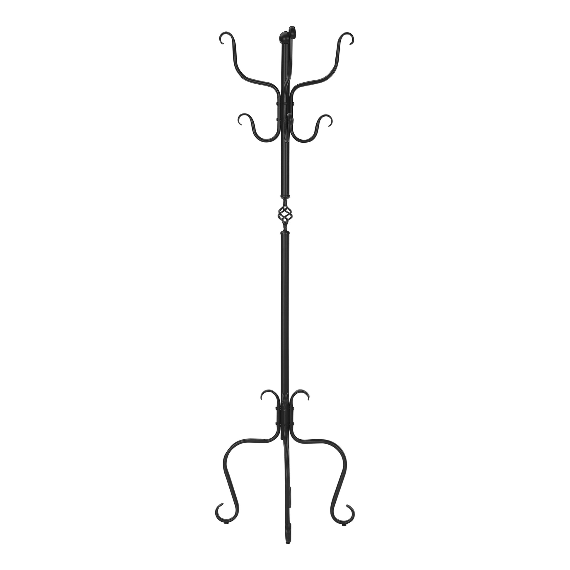 Black metal coat rack with ornate scrollwork base and  hooks